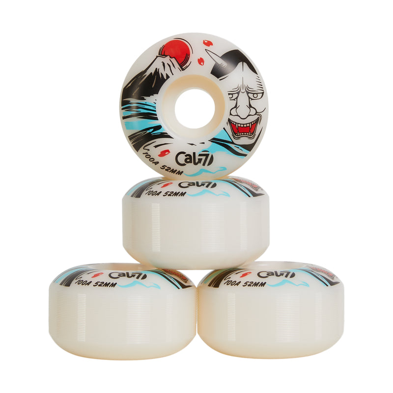 Cal 7 52mm 100A white skateboard wheels with Oni Japanese folklore illustration