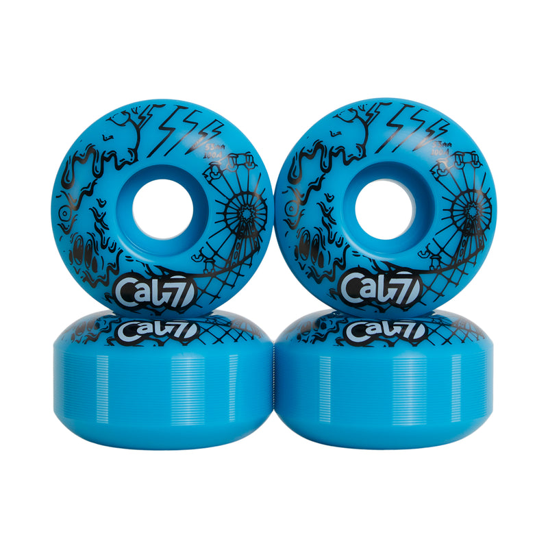 Cal 7 Frenzy 53mm 100A blue skateboard wheels with ice cream linear art design 