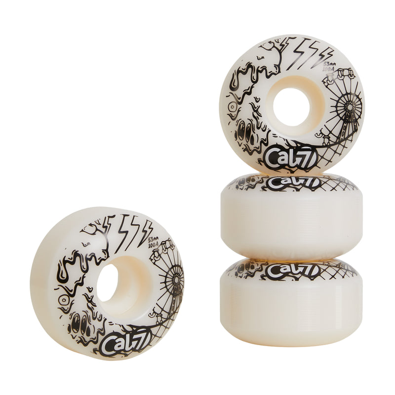 Cal 7 Frenzy 53mm 100A white skateboard wheels with ice cream linear art design 