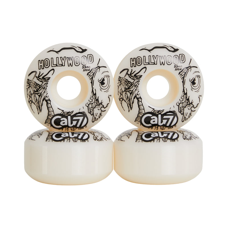 Cal 7 53mm 100A skateboard wheels with taco terror linear art design 