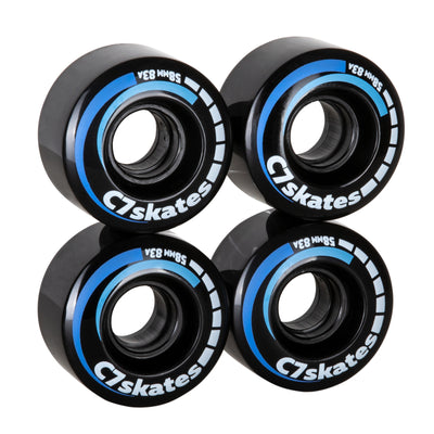 Solid black with blue and white print 58x33mm roller skate wheels four-pack made with 83A polyurethane. 