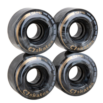 Farrah black and white marble with gold print 58x33mm roller skate wheels four-pack made with 83A polyurethane. 