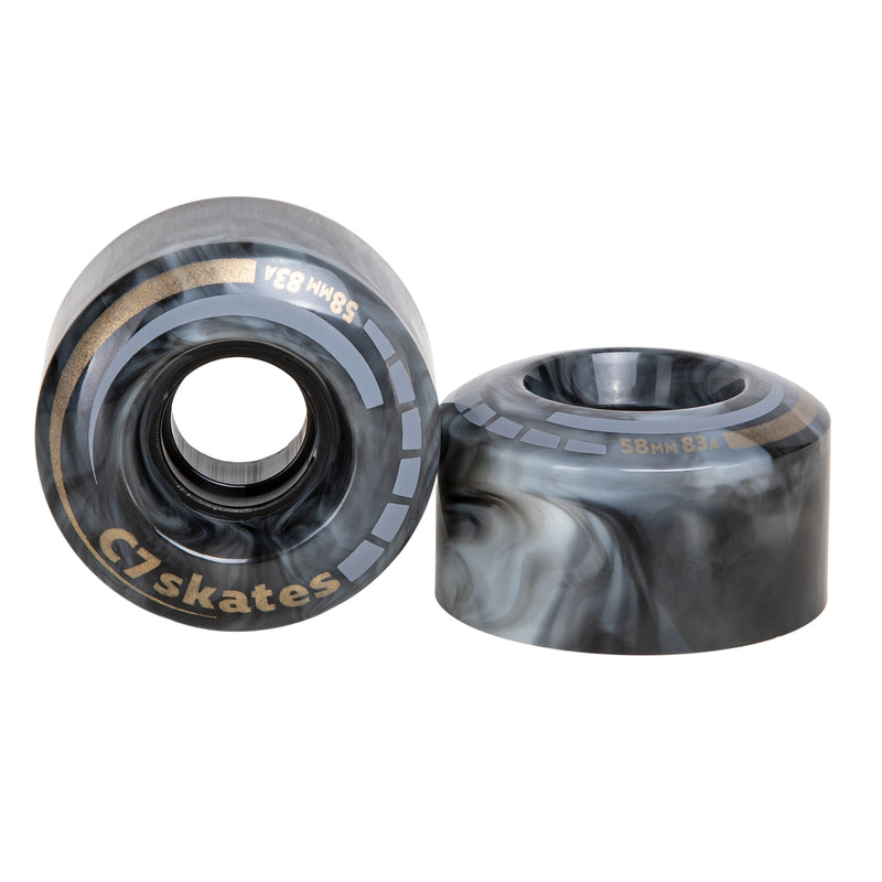 Farrah black and white marble with gold print 58x33mm roller skate wheels four-pack made with 83A polyurethane. 