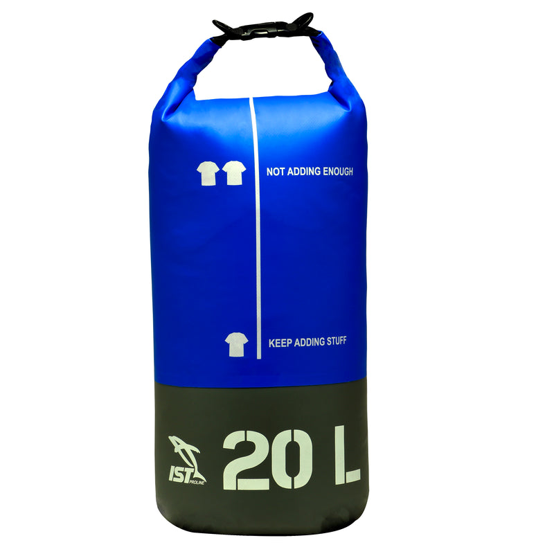 blue dry bag with 10 liter capacity and a crossbody strap for carrying