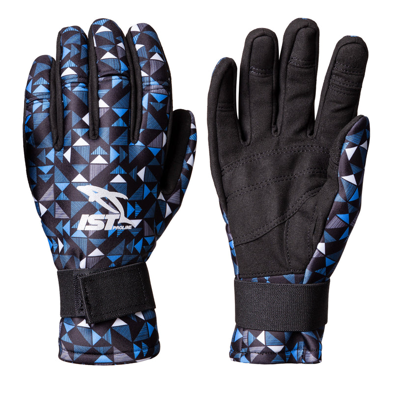 blue geometric scuba diving gloves with removable fingertips for underwater photography