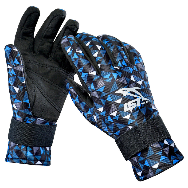 blue geometric scuba diving gloves with removable fingertips for underwater photography