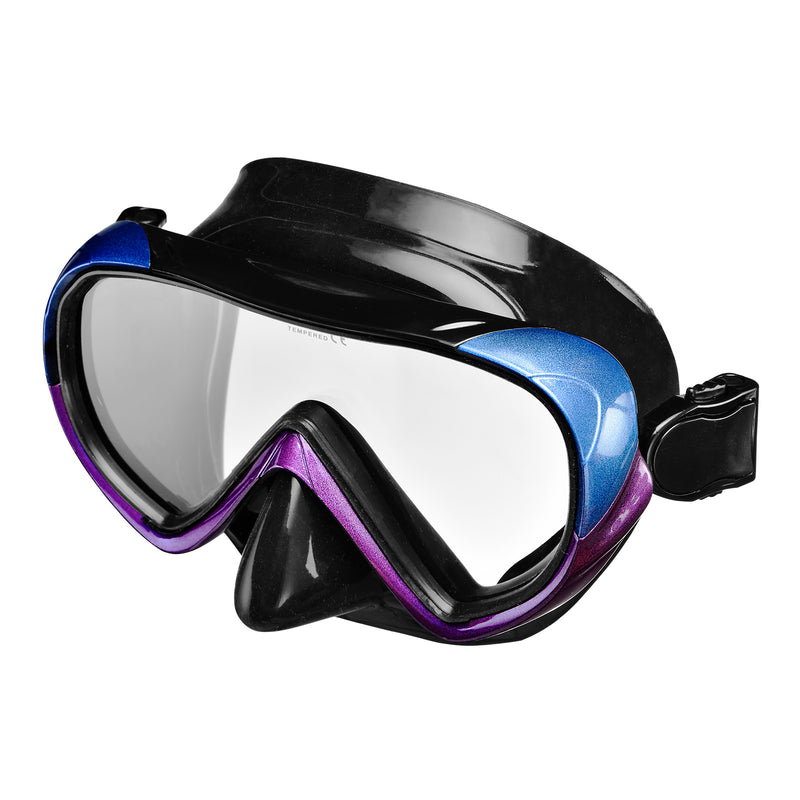 black dive mask with single lens and blue and purple metallic frame