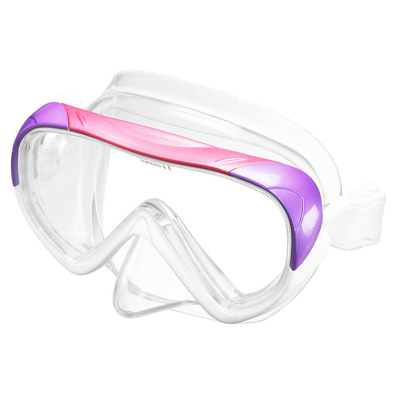 white dive mask with single lens and pink and purple metallic frame