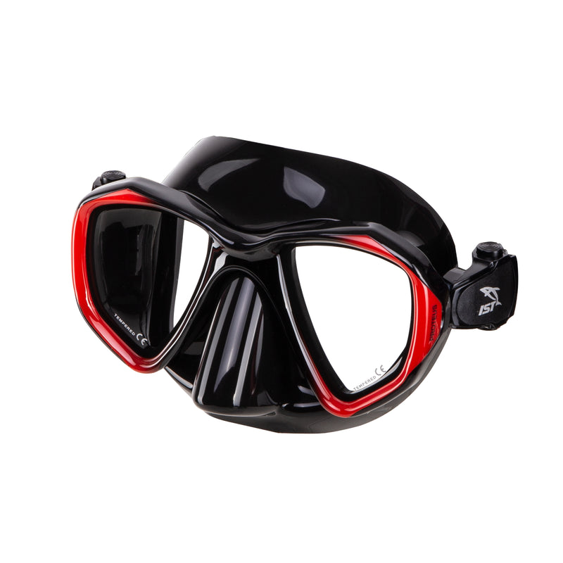dual lens dive mask with tinted lenses for color correction with black silicone and red