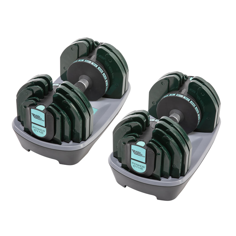 NonZero Gravity PowerDyne 55lbs Adjustable Dumbbell in a vibrant aspen green color scheme. 