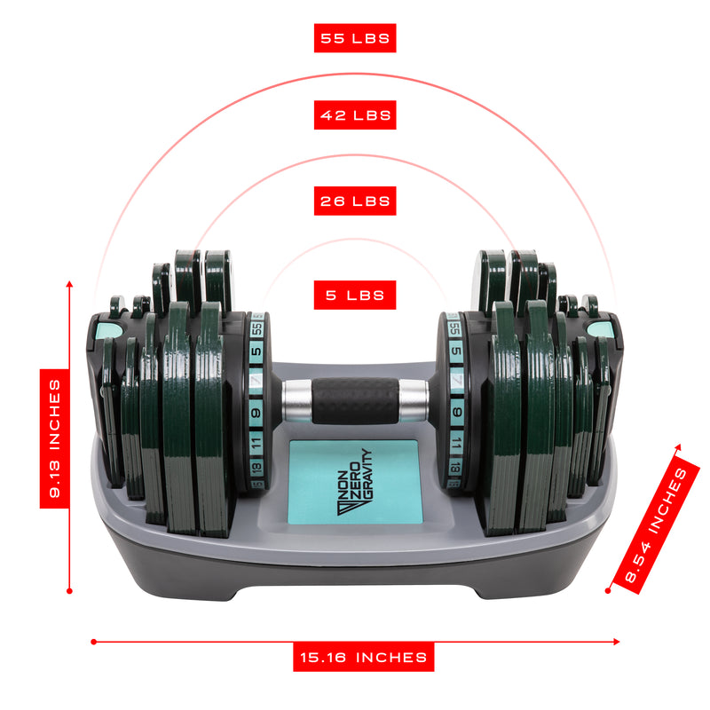 NonZero Gravity PowerDyne 55lbs Adjustable Dumbbell in a vibrant aspen green color scheme. 