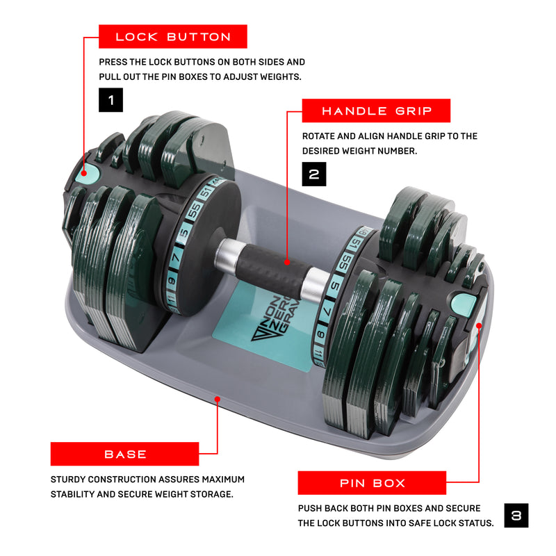 NonZero Gravity PowerDyne 55lbs Adjustable Dumbbell in a vibrant aspen green color scheme. 