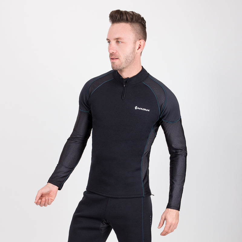 Men’s black neoprene long sleeve sauna shirt with blue stitching