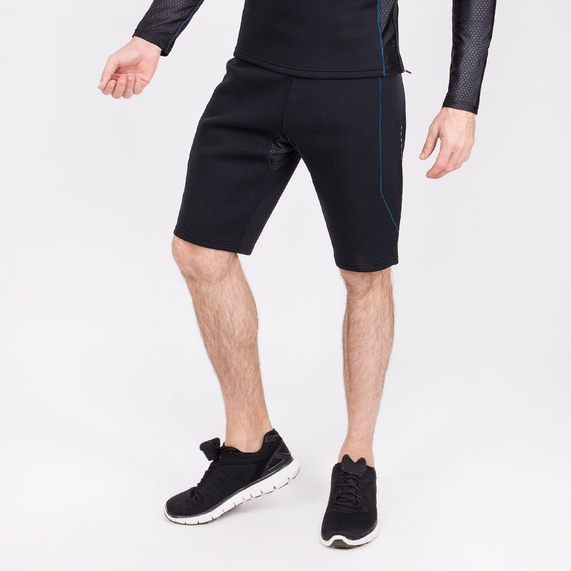 Black neoprene workout shorts with blue stitching for men