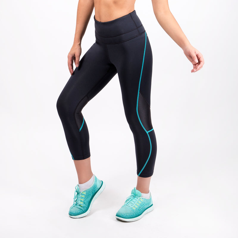 black workout leggings with turquoise stitching for women