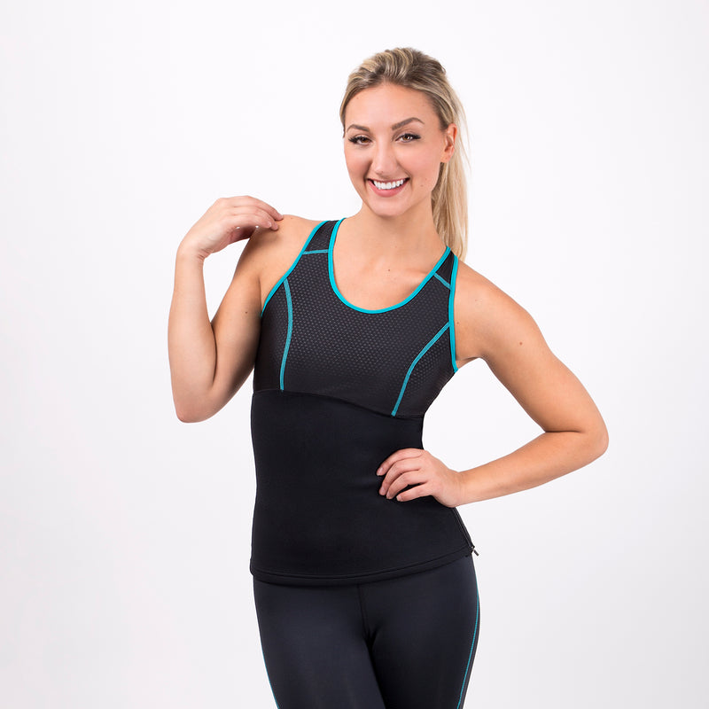 black workout tank top with turquoise stitching for women