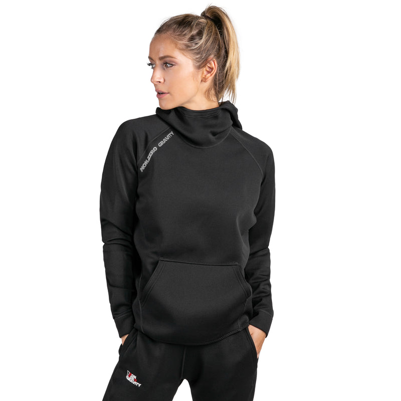 a black workout hoodie made of neoprene for weight loss and muscle performance