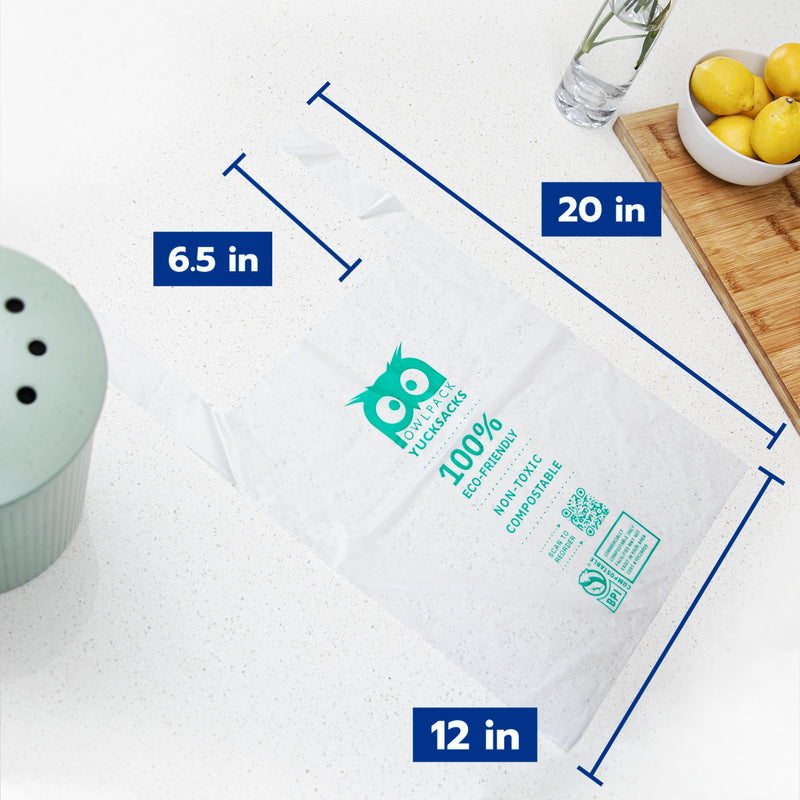 Owlpack two-gallon Yucksacks industrial compostable food waste trash bags countertop size 
