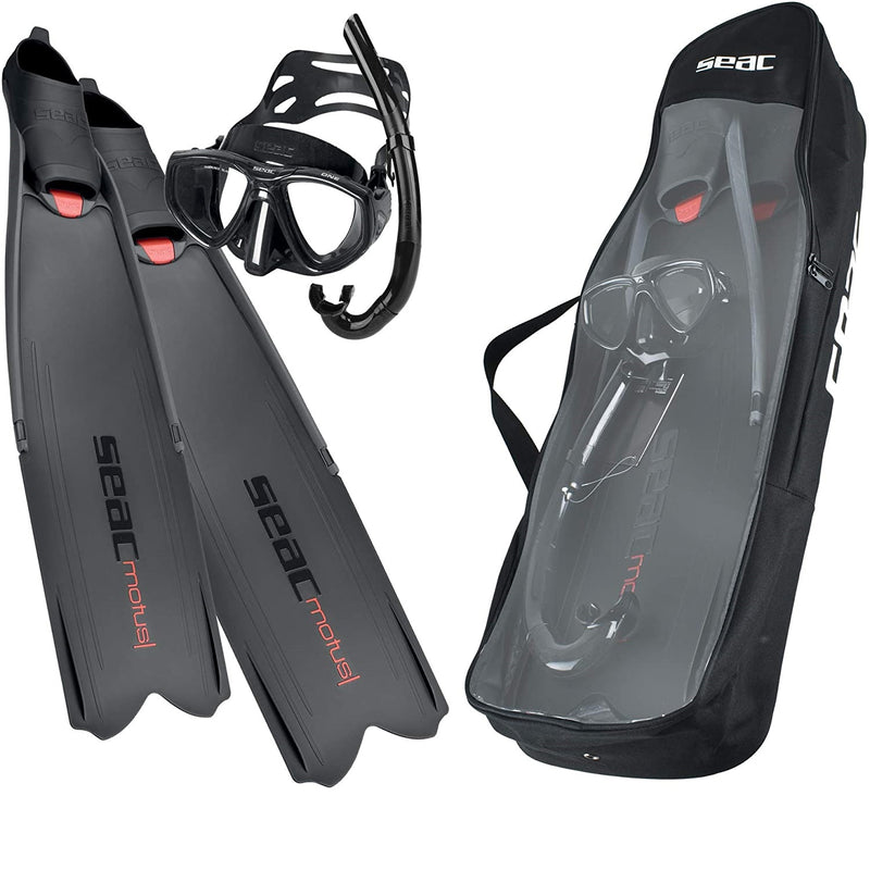 SEAC Motus Tris, Freediving and Spearfishing Set with Motus Long fins, One Diving mask and Jet Snorkel, Shoulder Bag Included