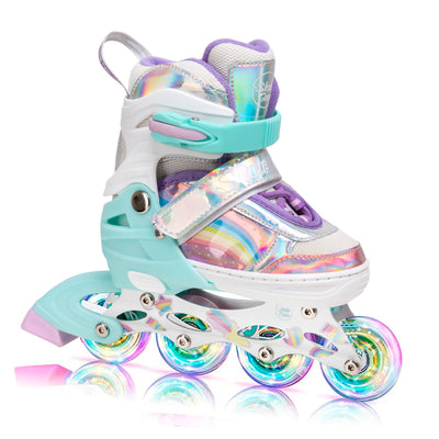 Rainbow Adjustable Inline Skates by Skate Gear with light up feature,  semi-soft material, aluminum trucks, 82A wheels and ABEC-7 bearings