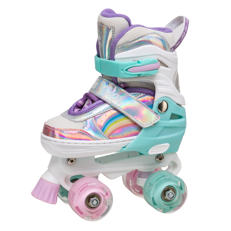 Rainbow Quad Roller Skates by Skate Gear with light up feature,  semi-soft material, plastic trucks, 54mm 82A wheels, PVC injection toe stoppers, and ABEC-7 bearings