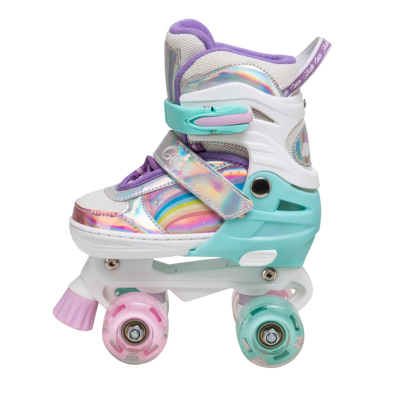 Rainbow Quad Roller Skates by Skate Gear with light up feature,  semi-soft material, plastic trucks, 54mm 82A wheels, PVC injection toe stoppers, and ABEC-7 bearings