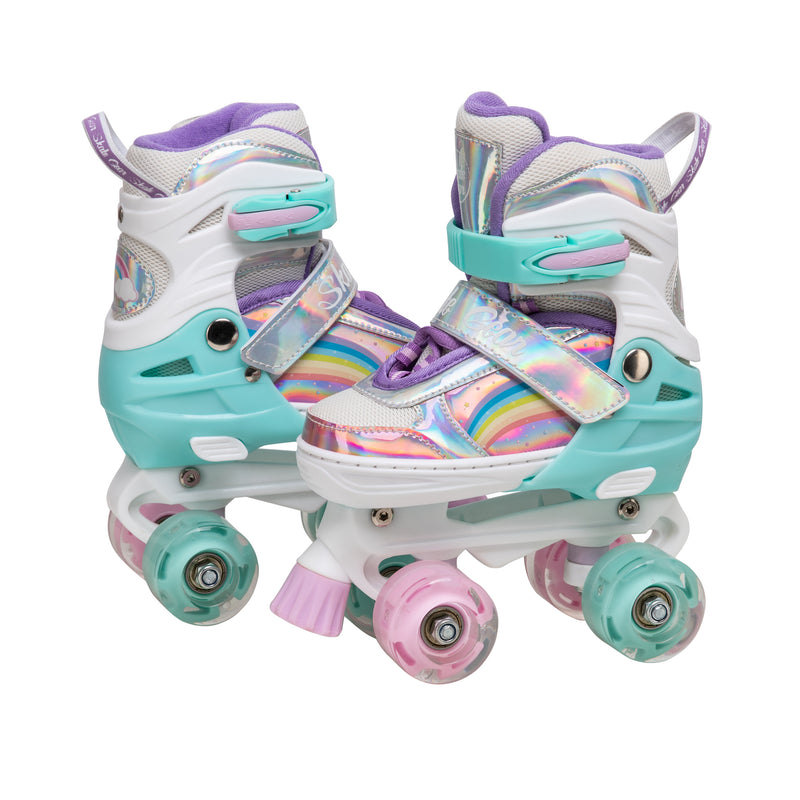 Rainbow Quad Roller Skates by Skate Gear with light up feature,  semi-soft material, plastic trucks, 54mm 82A wheels, PVC injection toe stoppers, and ABEC-7 bearings