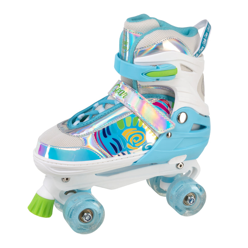 Rainbow Quad Roller Skates by Skate Gear with light up feature,  semi-soft material, plastic trucks, 54mm 82A wheels, PVC injection toe stoppers, and ABEC-7 bearings