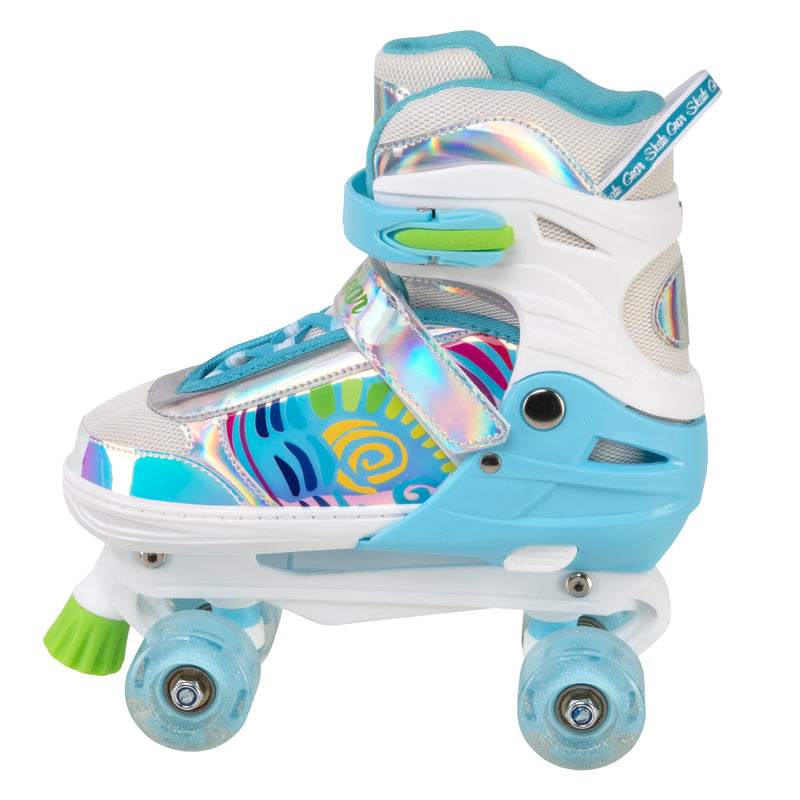 Rainbow Quad Roller Skates by Skate Gear with light up feature,  semi-soft material, plastic trucks, 54mm 82A wheels, PVC injection toe stoppers, and ABEC-7 bearings