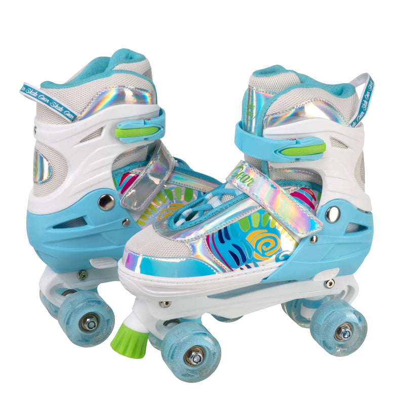 Rainbow Quad Roller Skates by Skate Gear with light up feature,  semi-soft material, plastic trucks, 54mm 82A wheels, PVC injection toe stoppers, and ABEC-7 bearings