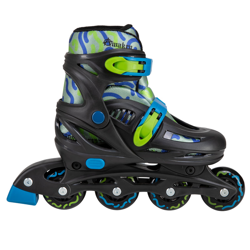 Awaken Adjustable Drip Inline Skates in Blue and Green with 64 to 70mm wheels and 608Z Bearings for roller skating