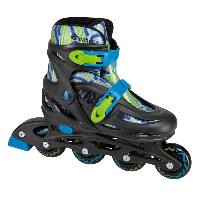 Awaken Adjustable Drip Inline Skates in Blue and Green with 64 to 70mm wheels and 608Z Bearings for roller skating