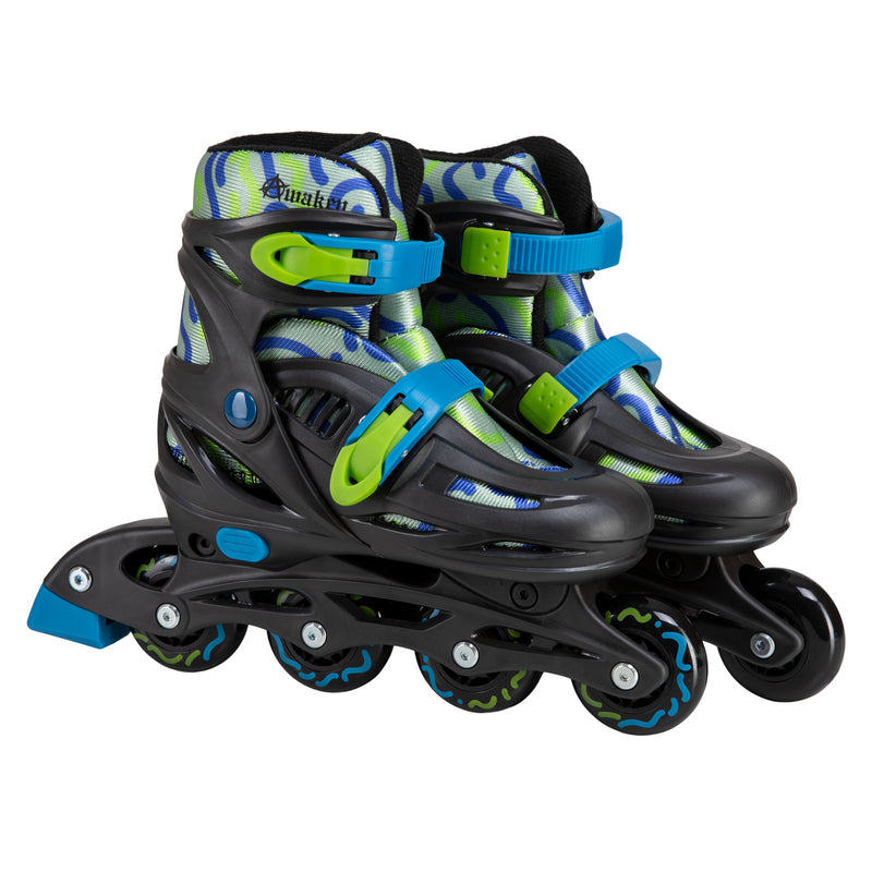 Awaken Adjustable Drip Inline Skates in Blue and Green with 64 to 70mm wheels and 608Z Bearings for roller skating