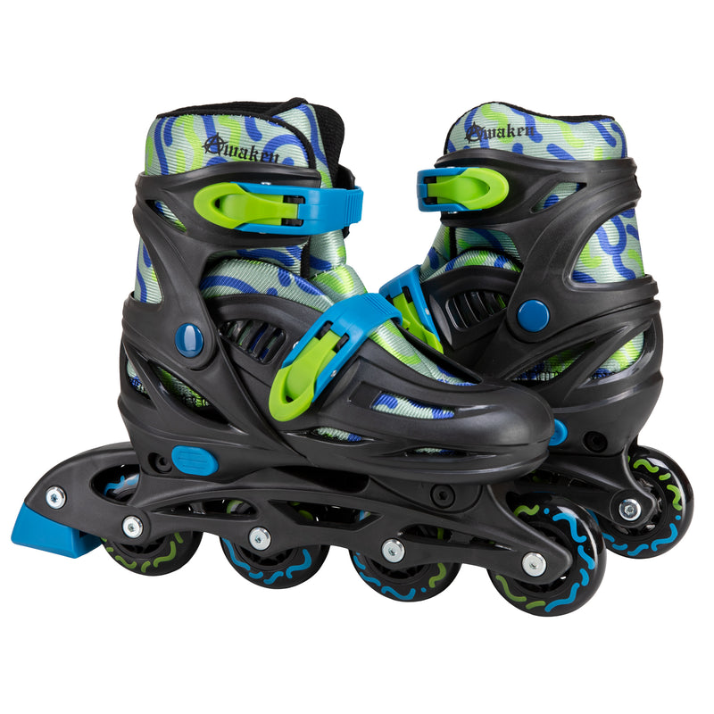 Awaken Adjustable Drip Inline Skates in Blue and Green with 64 to 70mm wheels and 608Z Bearings for roller skating