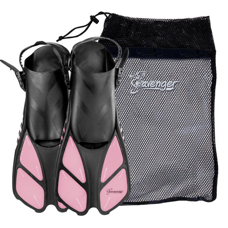 bubblegum pink travel swimming fins with an adjustable heel strap, quick-release buckle and quick-dry mesh gear bag