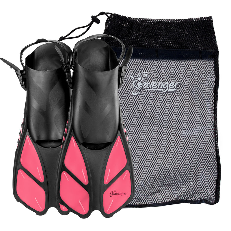 Coral Pink travel swimming fins with an adjustable heel strap, quick-release buckle and quick-dry mesh gear bag