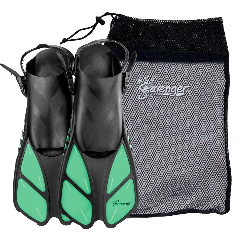Peppermint green travel swimming fins with an adjustable heel strap, quick-release buckle and quick-dry mesh gear bag