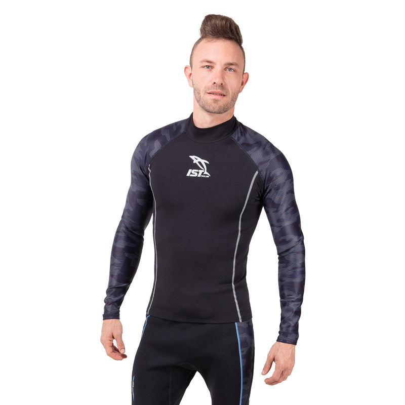 black and navy blue neoprene wetsuit shirt