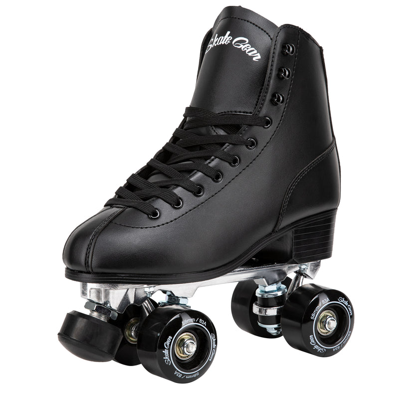 Skate Gear Quad Roller Skates feature a vegan leather boot, 58mm wheels, adjustable toe stops and aluminum trucks 