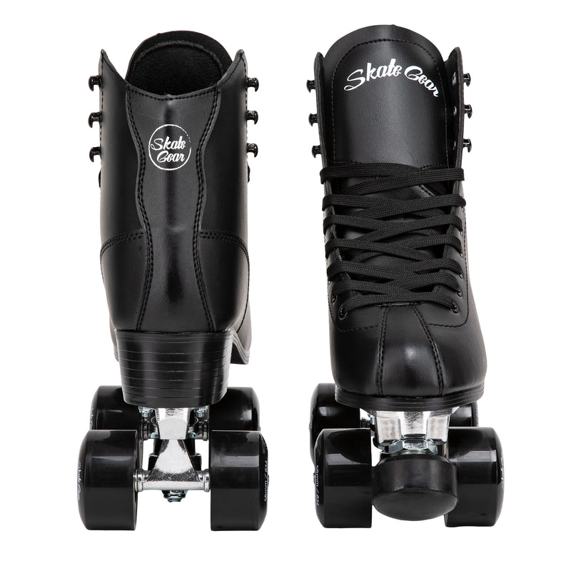 Skate Gear Quad Roller Skates feature a vegan leather boot, 58mm wheels, adjustable toe stops and aluminum trucks 