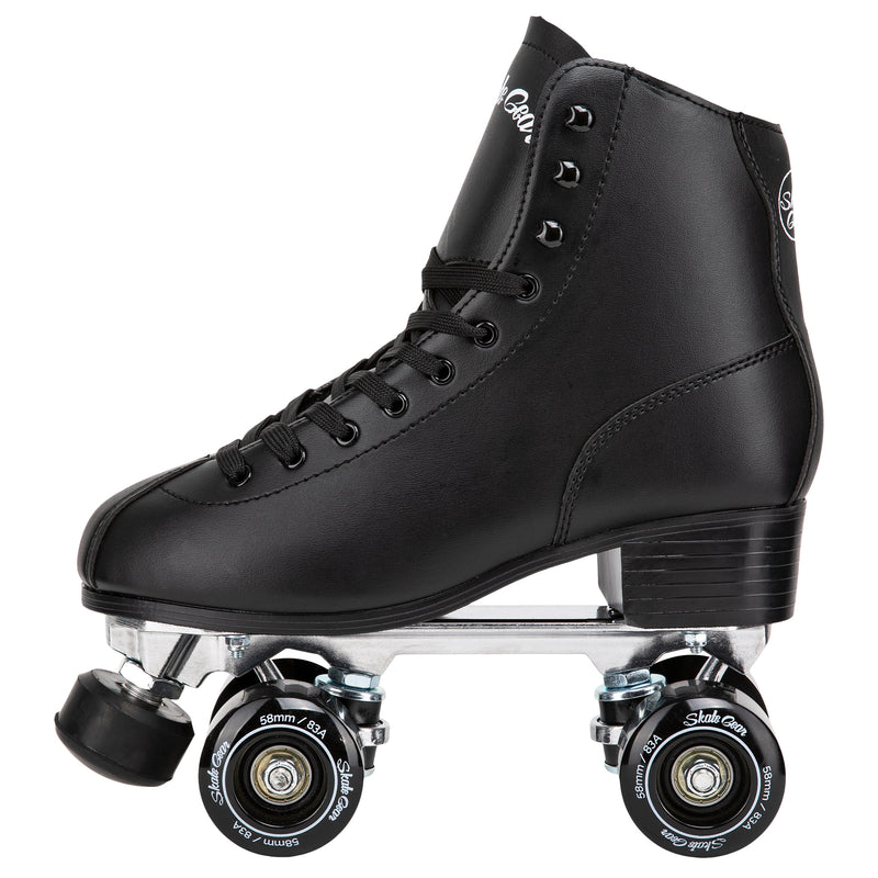 Skate Gear Quad Roller Skates feature a vegan leather boot, 58mm wheels, adjustable toe stops and aluminum trucks 