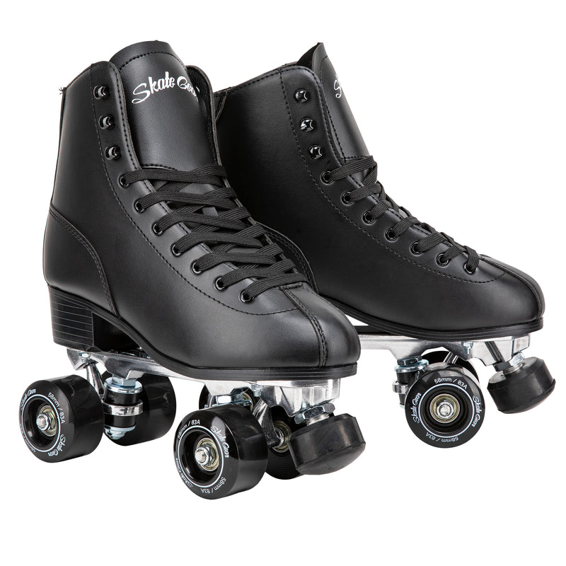 Skate Gear Quad Roller Skates feature a vegan leather boot, 58mm wheels, adjustable toe stops and aluminum trucks 