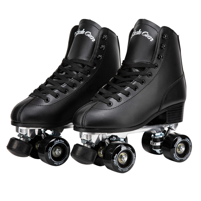 Skate Gear Quad Roller Skates feature a vegan leather boot, 58mm wheels, adjustable toe stops and aluminum trucks 