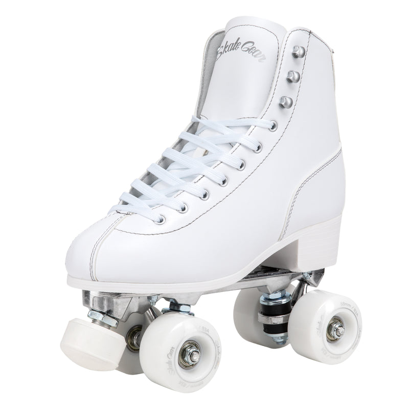 Skate Gear Quad Roller Skates feature a vegan leather boot, 58mm wheels, adjustable toe stops and aluminum trucks 