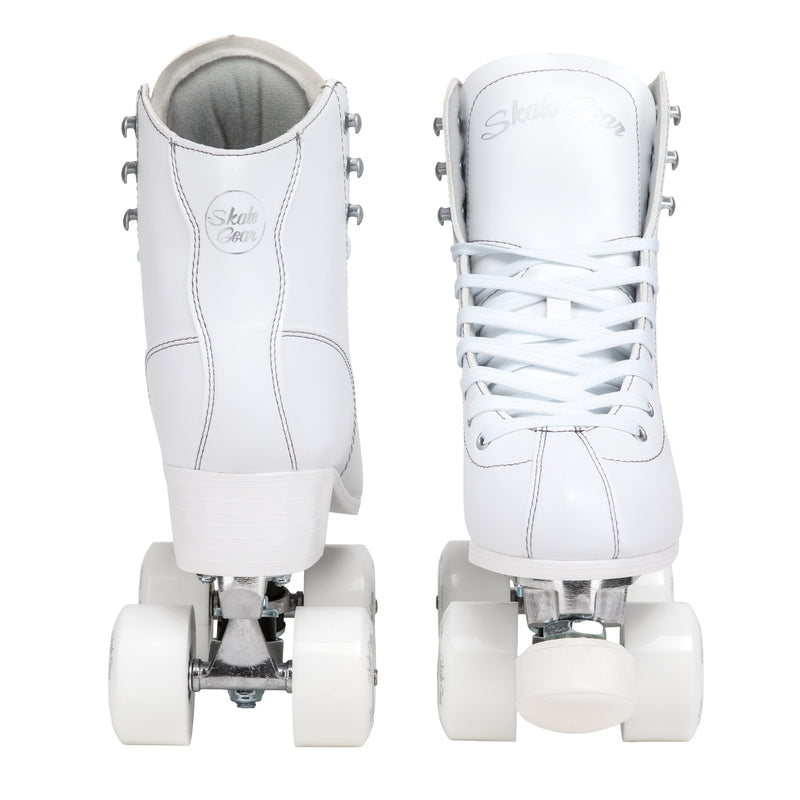 Skate Gear Quad Roller Skates feature a vegan leather boot, 58mm wheels, adjustable toe stops and aluminum trucks 