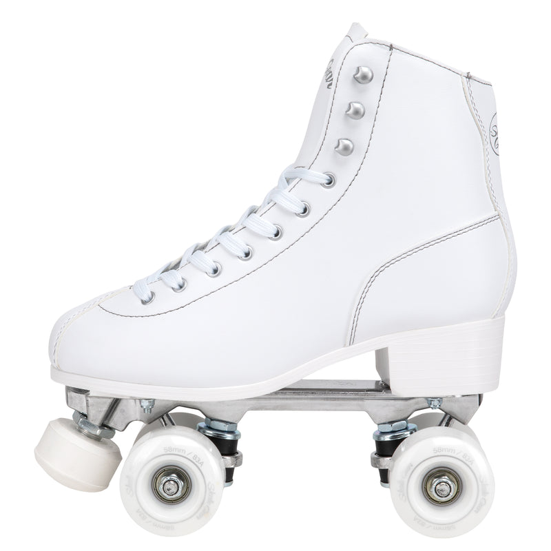 Skate Gear Quad Roller Skates feature a vegan leather boot, 58mm wheels, adjustable toe stops and aluminum trucks 
