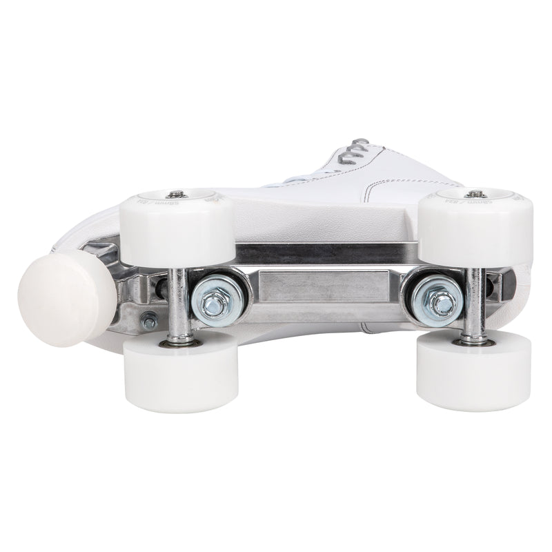 Skate Gear Quad Roller Skates feature a vegan leather boot, 58mm wheels, adjustable toe stops and aluminum trucks 