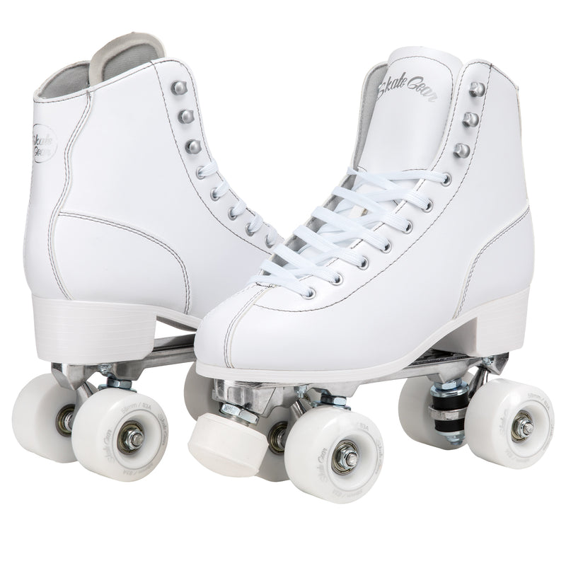 Skate Gear Quad Roller Skates feature a vegan leather boot, 58mm wheels, adjustable toe stops and aluminum trucks 