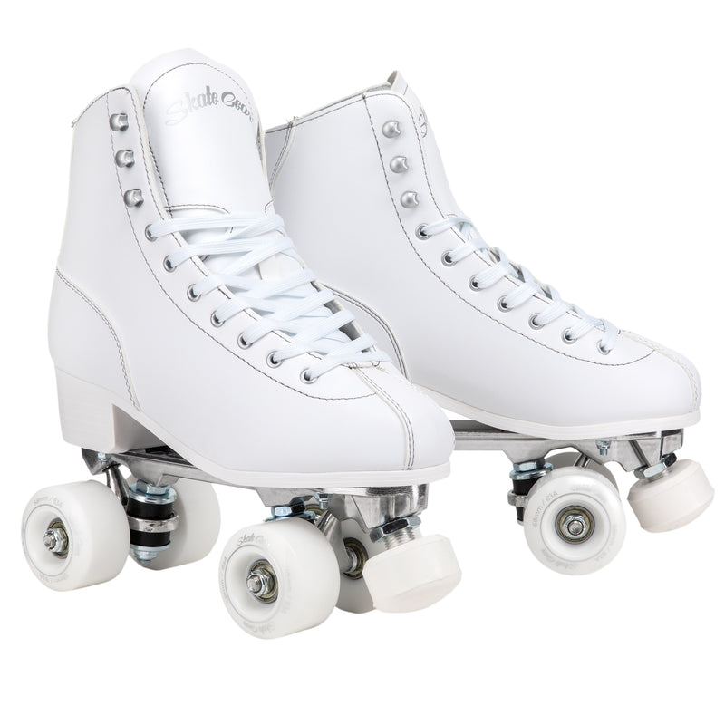 Skate Gear Quad Roller Skates feature a vegan leather boot, 58mm wheels, adjustable toe stops and aluminum trucks 