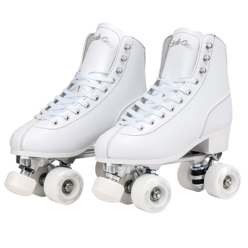 Skate Gear Quad Roller Skates feature a vegan leather boot, 58mm wheels, adjustable toe stops and aluminum trucks 